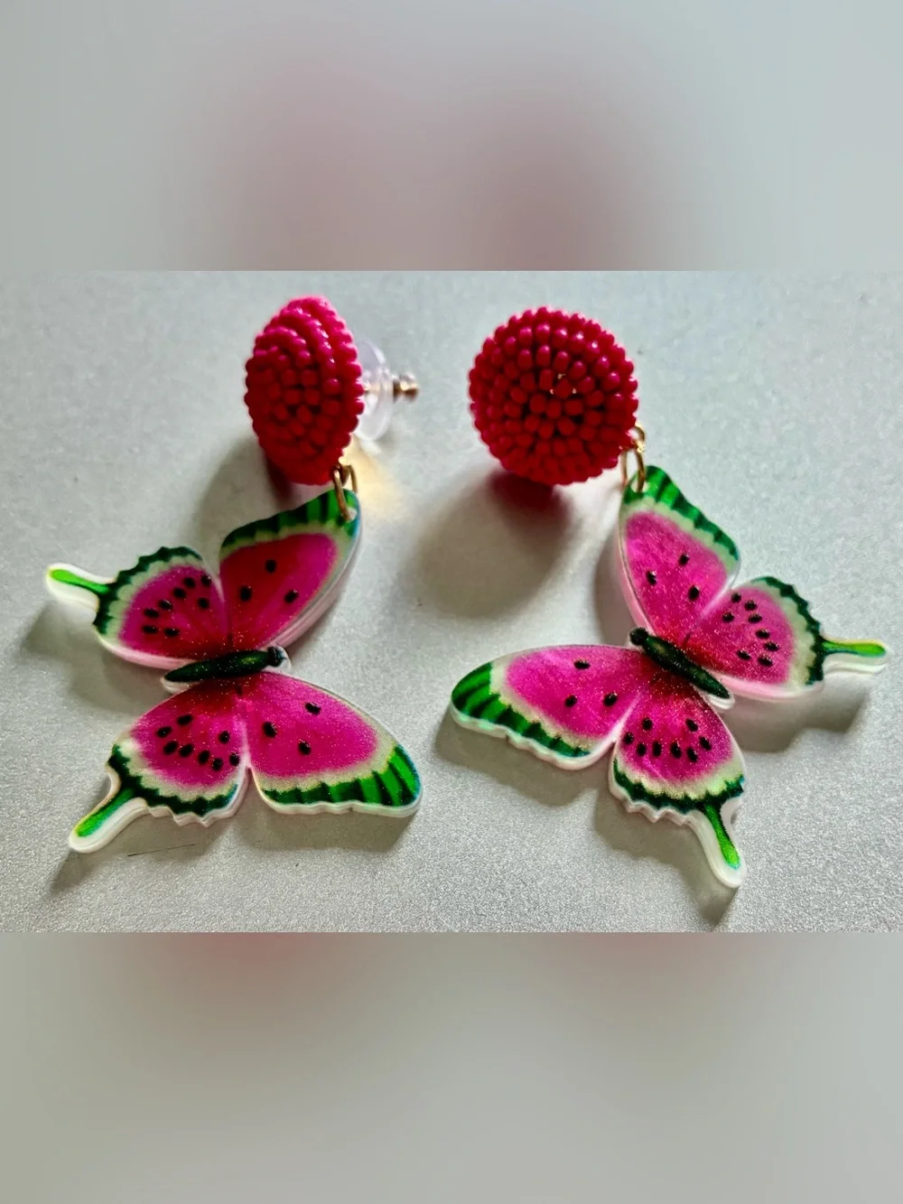 🦋 Pink Watermelon Butterfly Dangle Earrings